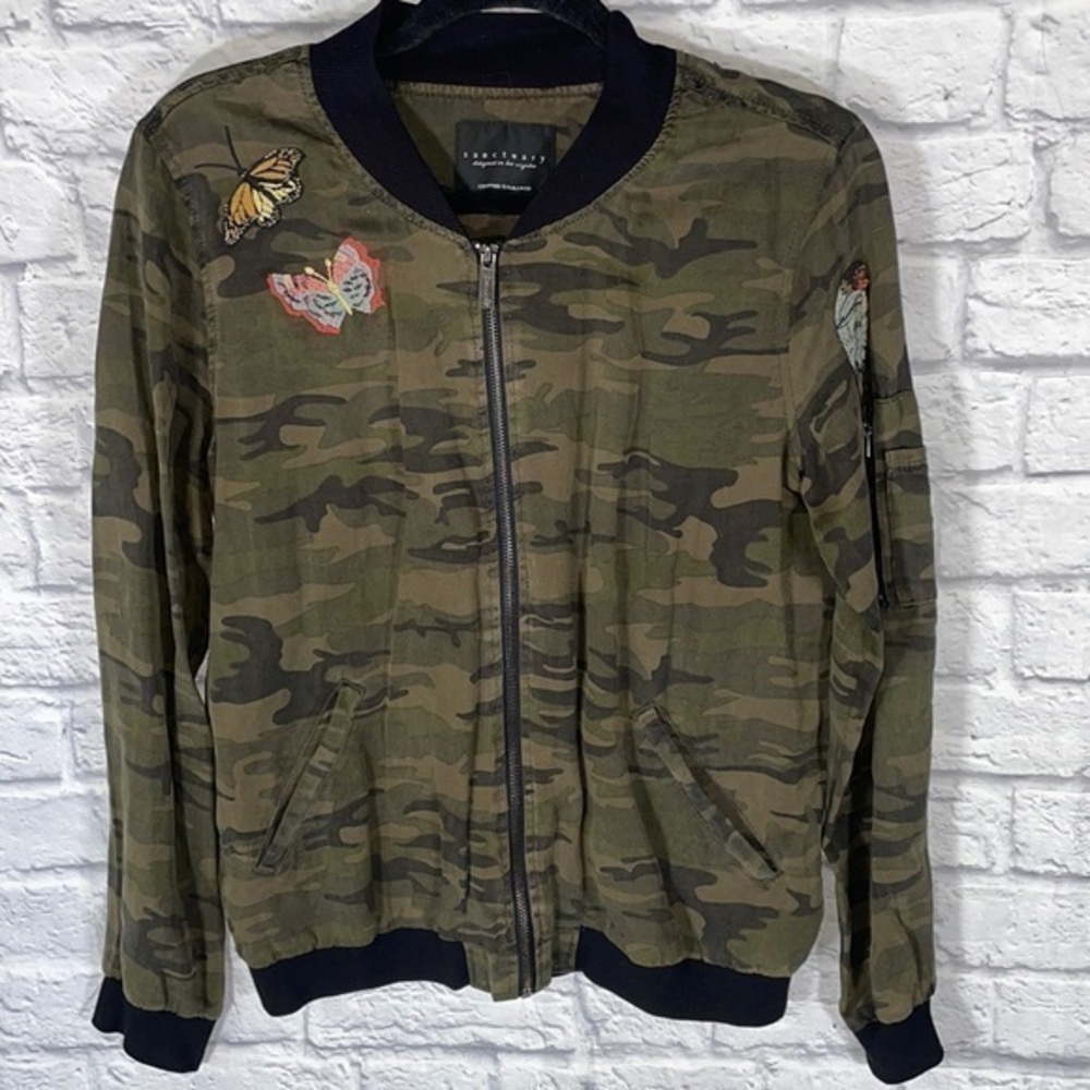 Anthropologie Sanctuary Camo Boho Butterfly Bird Embroidered Zip Bomber Jacket